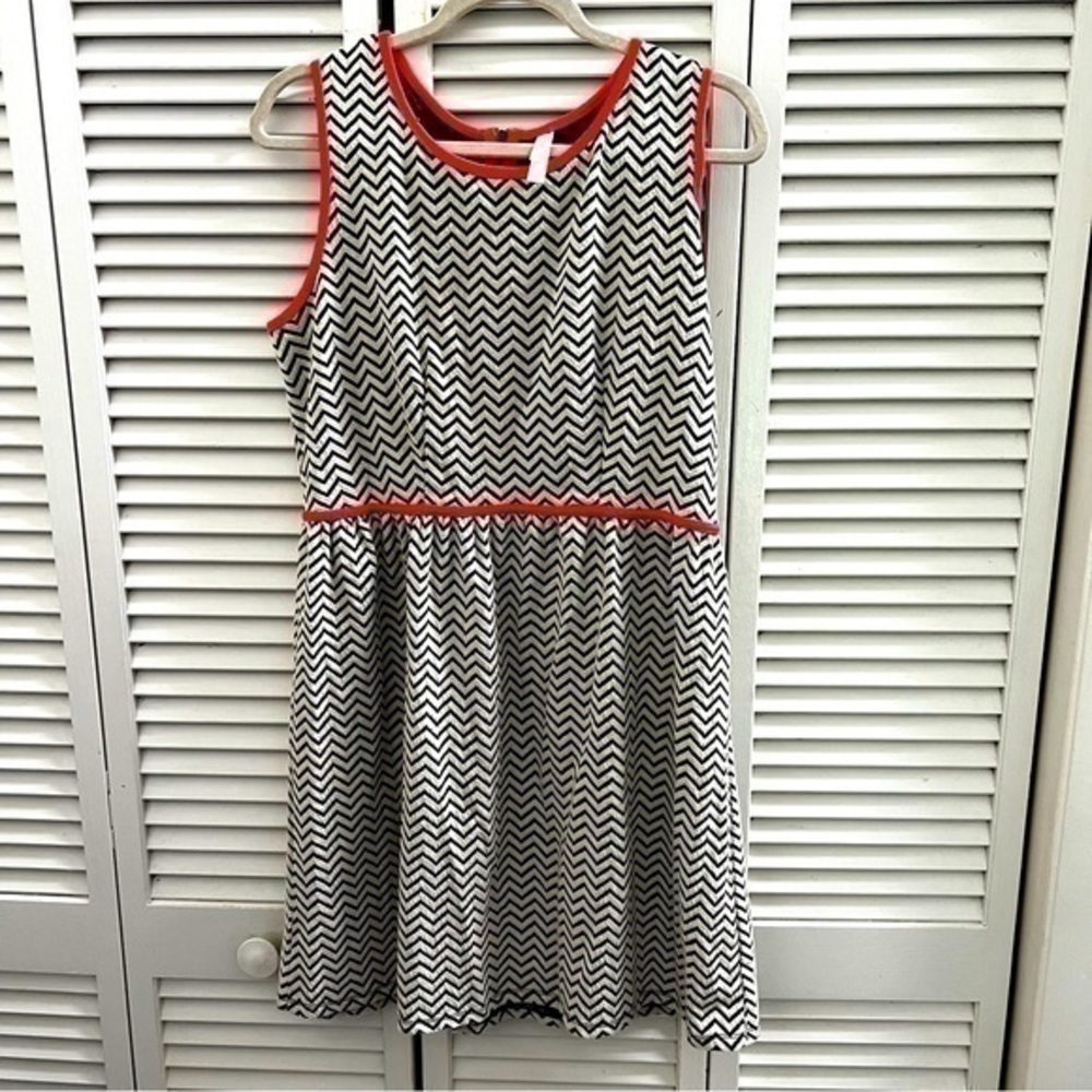 Chevron Black & White with Orange Trim Large Zip Up Back Dress